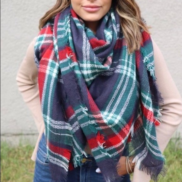 SOLD OUT Navy Holiday Plaid Winter Blanket Scarf - Picture 3 of 4